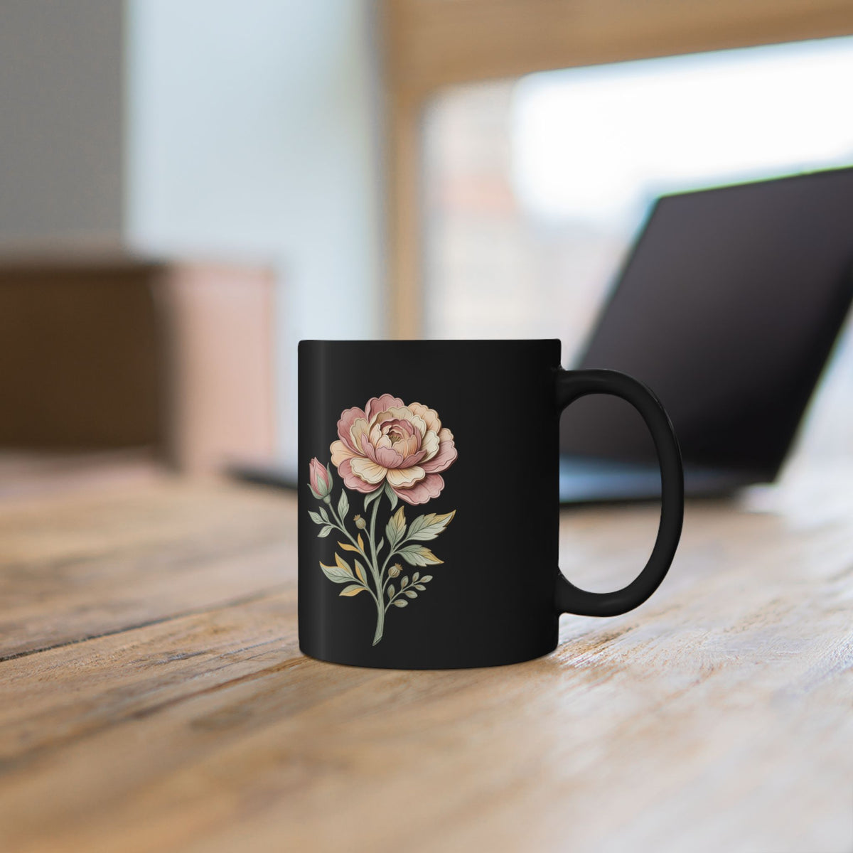 Floral Vintage Rose Black Ceramic Mug — Elegant Pink Peony Coffee Cup (11oz/15oz)