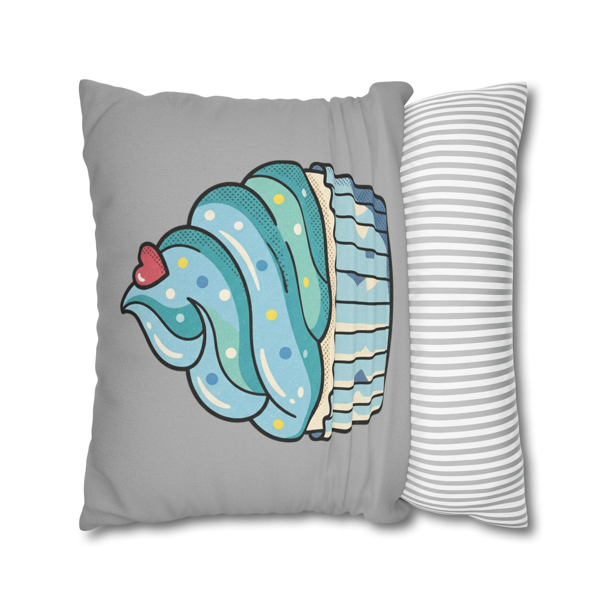 Cupcake Pillowcase — Cute Blue Dessert Decorative Throw Pillow- Light Grey