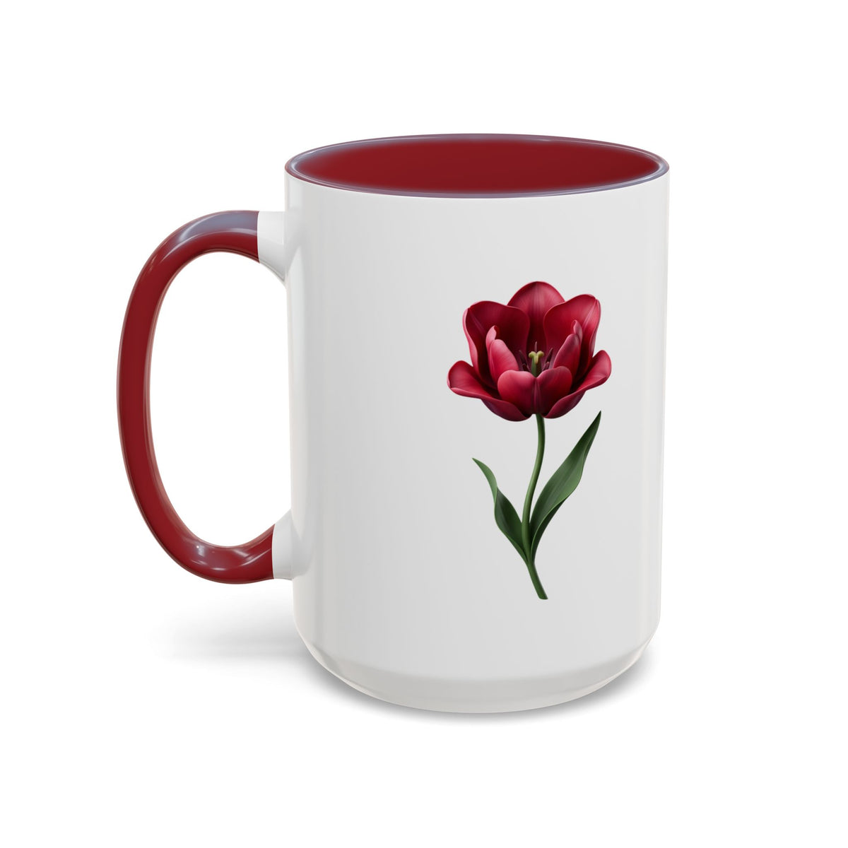 Red Tulip Accent Coffee Mug – Floral 11/15oz Ceramic Mug