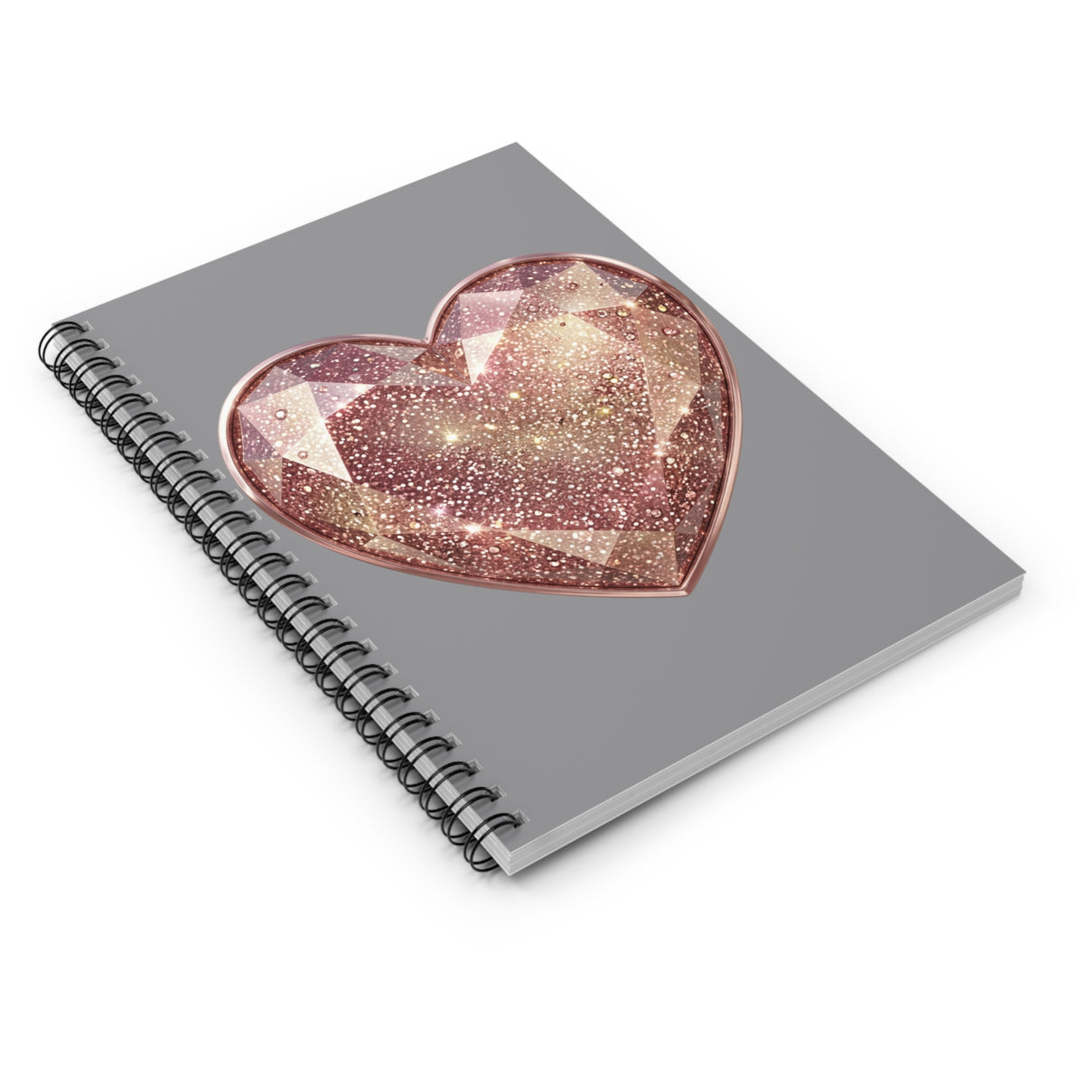 Glitter Rose Gold Heart Spiral Notebook — Ruled Journal for Notes & Gifts- Grey