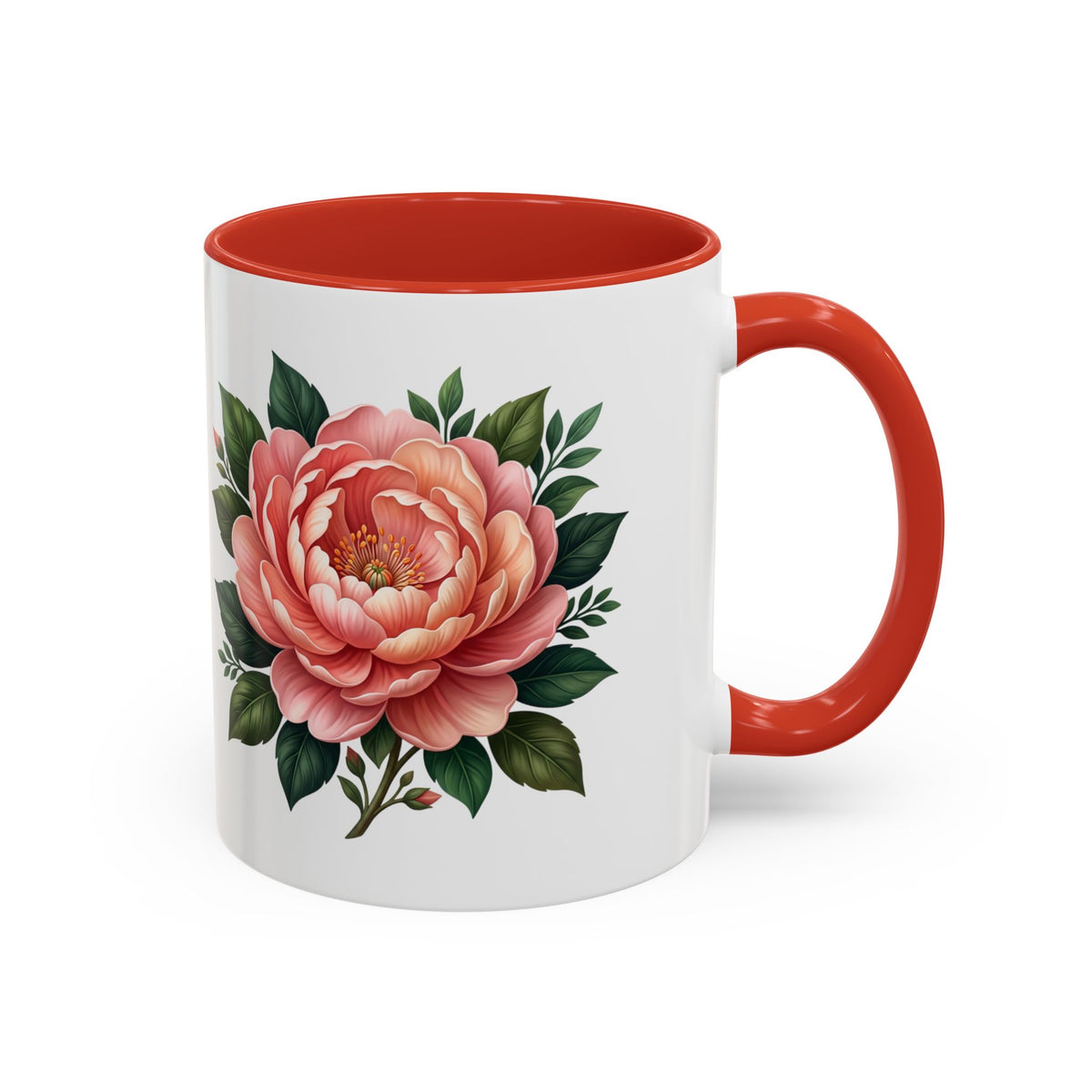Floral Peony Accent Coffee Mug — Pink Rose Bloom Ceramic Cup