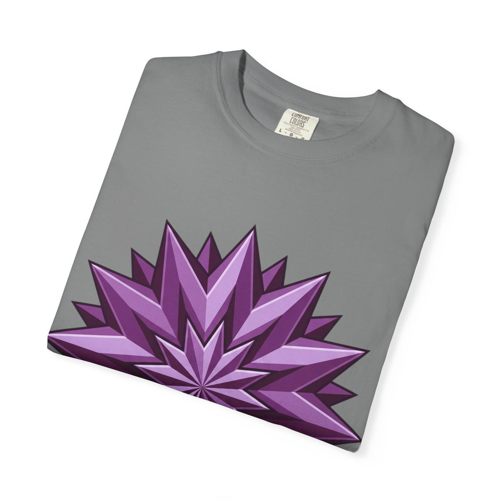 Purple Geometric Starburst T-Shirt — Bold 3D Floral Graphic Tee