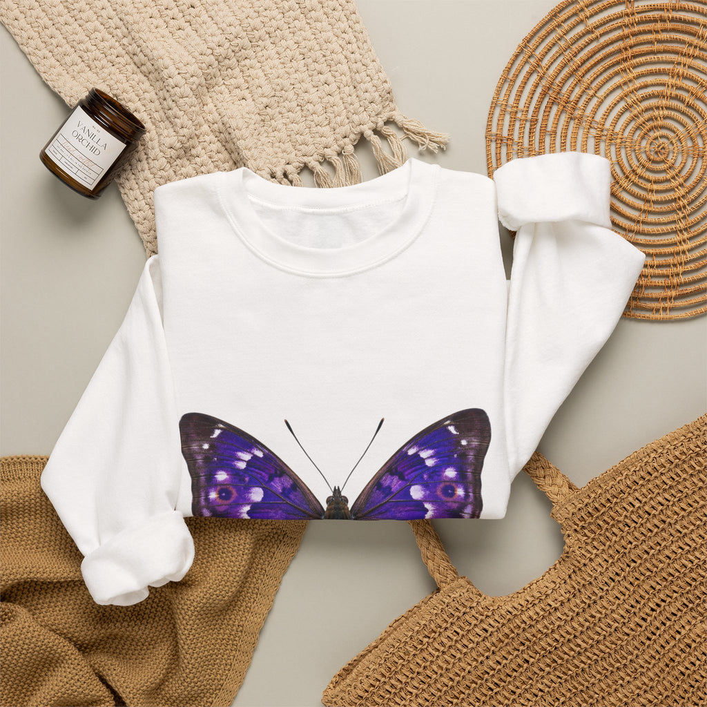Purple Butterfly Crewneck Sweatshirt — Vibrant Nature Graphic Pullover