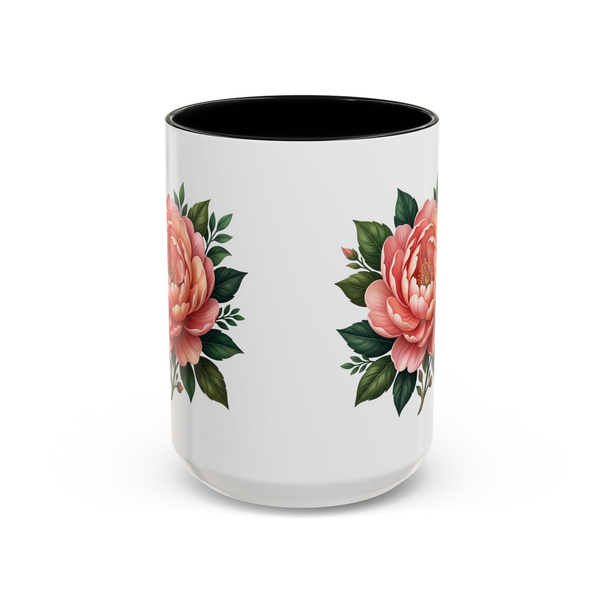Floral Peony Accent Coffee Mug — Pink Rose Bloom Ceramic Cup