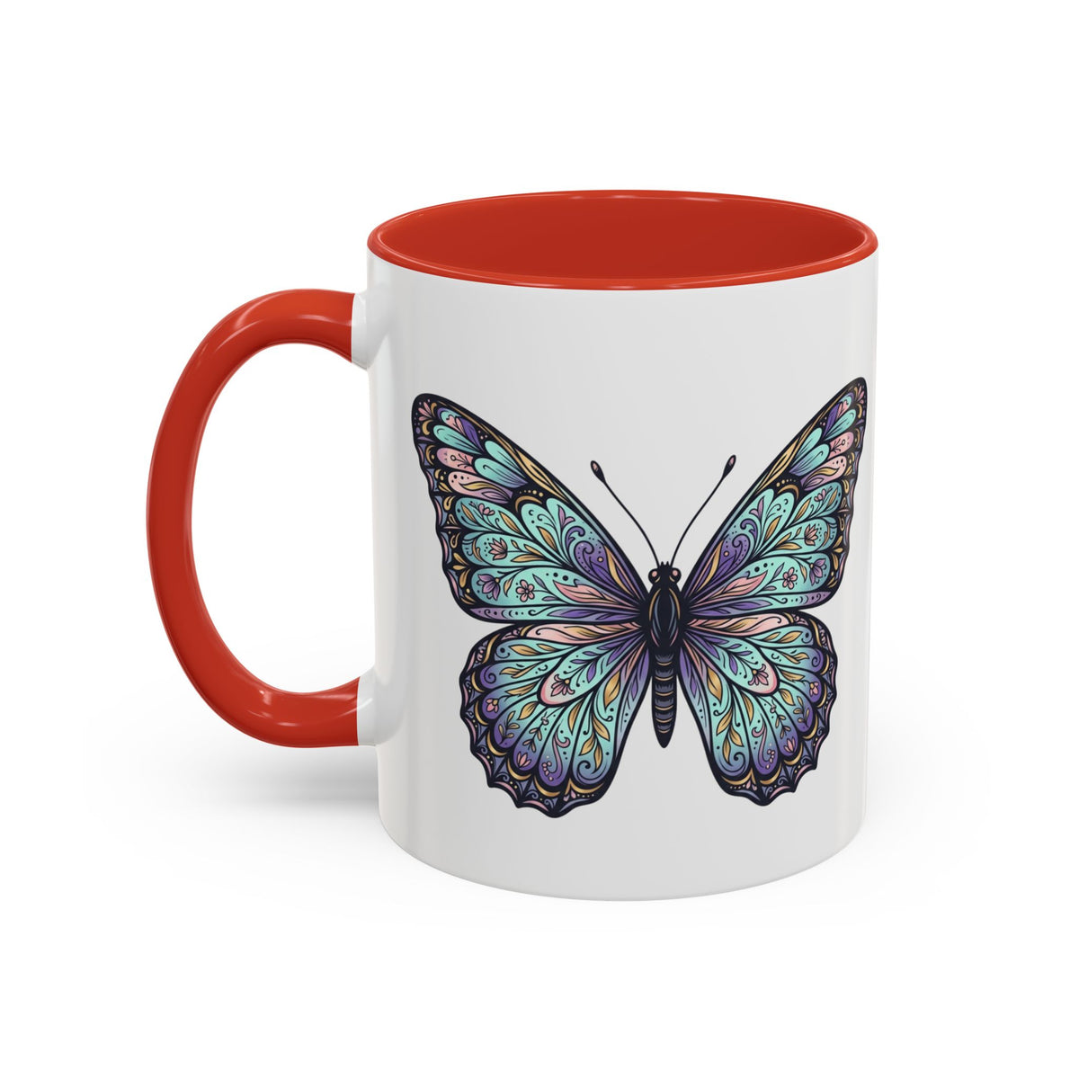 Butterfly Accent Coffee Mug — Teal Mandala Wing Design (11/15oz)