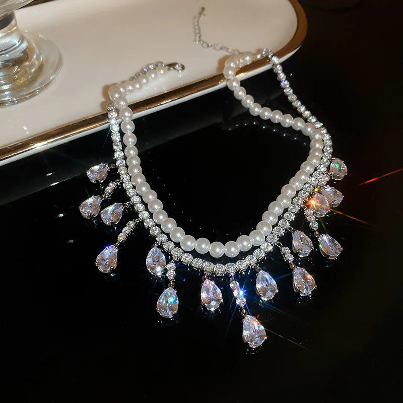 Luxury Pearl Choker Necklaces for Women Tassel Water Drop Zircon Crystal Necklaces Wedding Banquet Jewelry