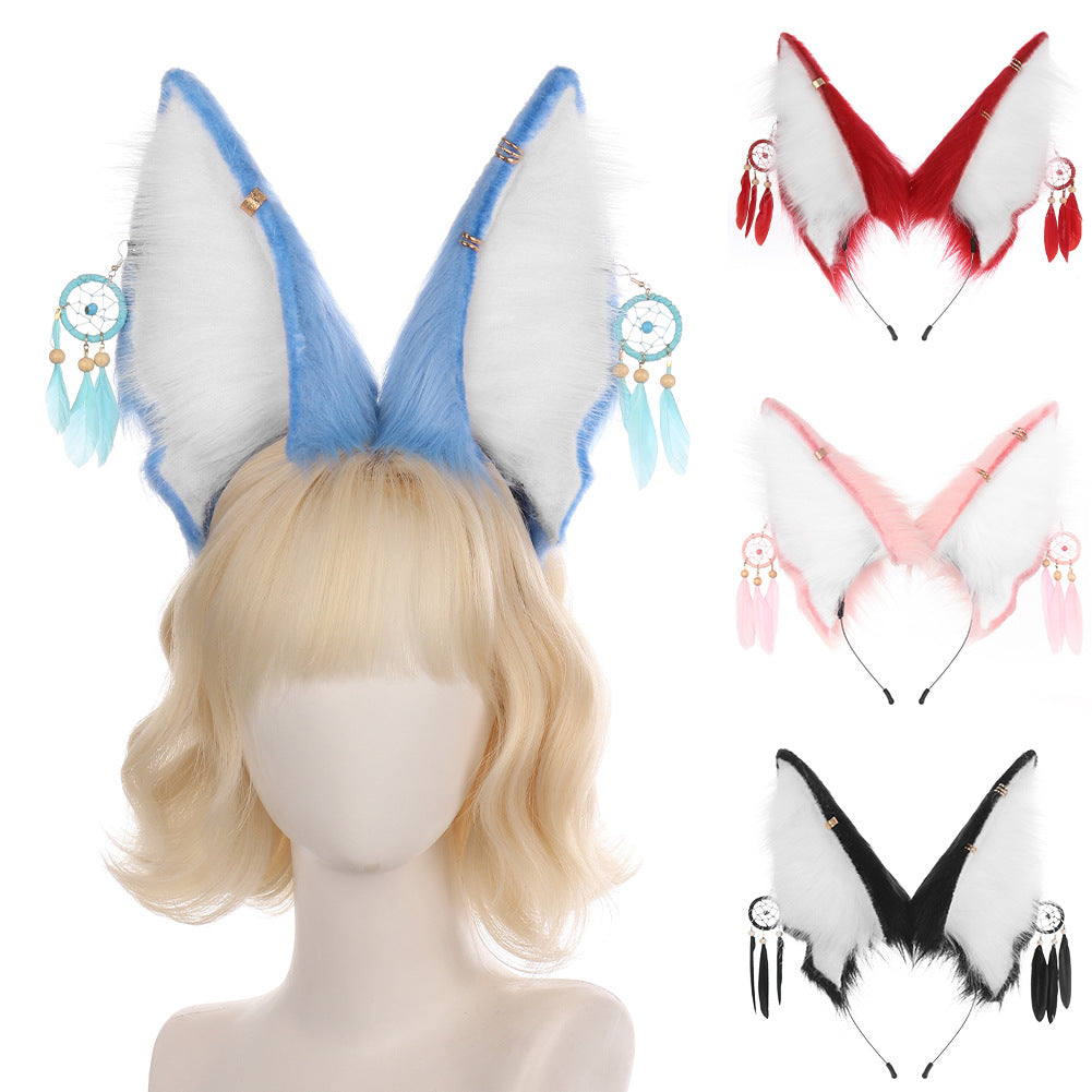 Handmade Plush Animal Ears Headband with Dreamcatcher Accessory, Halloween Costume Anubis Egyptian Cosplay Headpiece