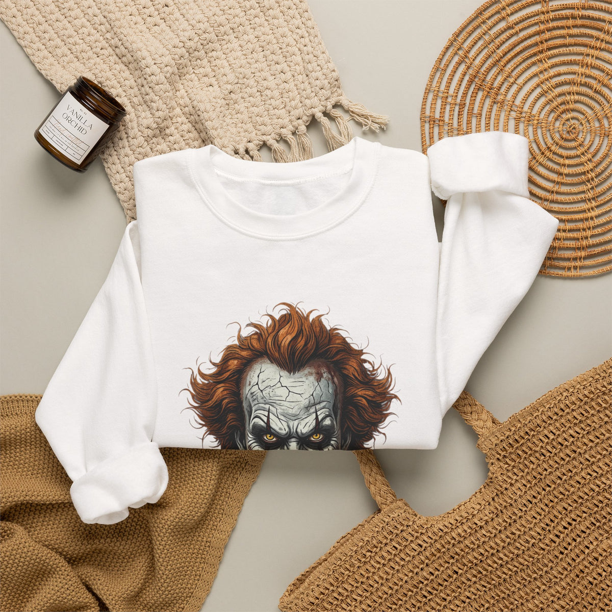 Creepy Clown Crewneck Sweatshirt – Horror Movie Inspired Graphic