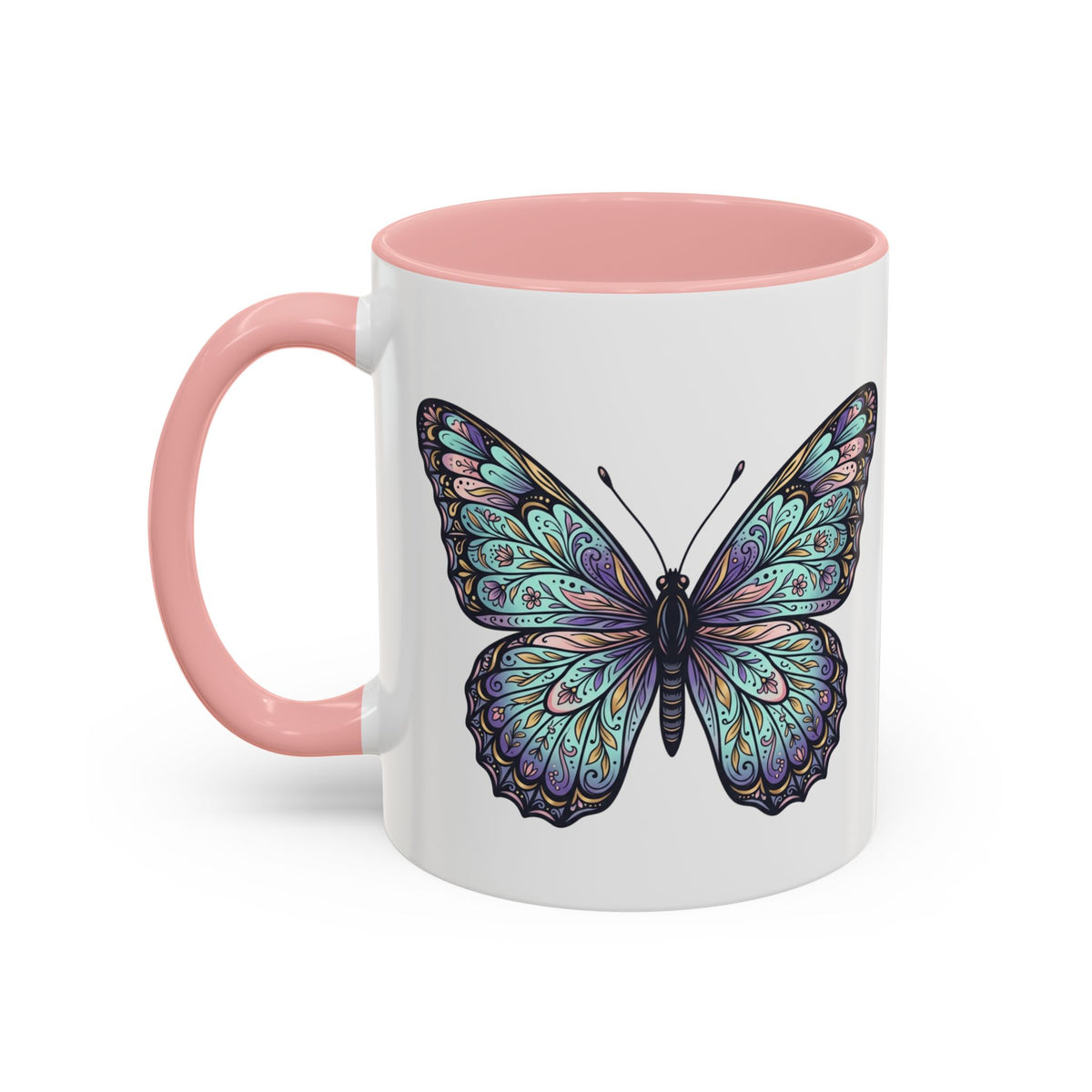 Butterfly Accent Coffee Mug — Teal Mandala Wing Design (11/15oz)