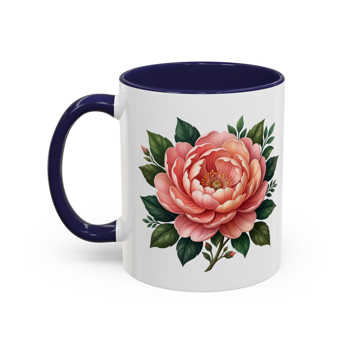 Floral Peony Accent Coffee Mug — Pink Rose Bloom Ceramic Cup
