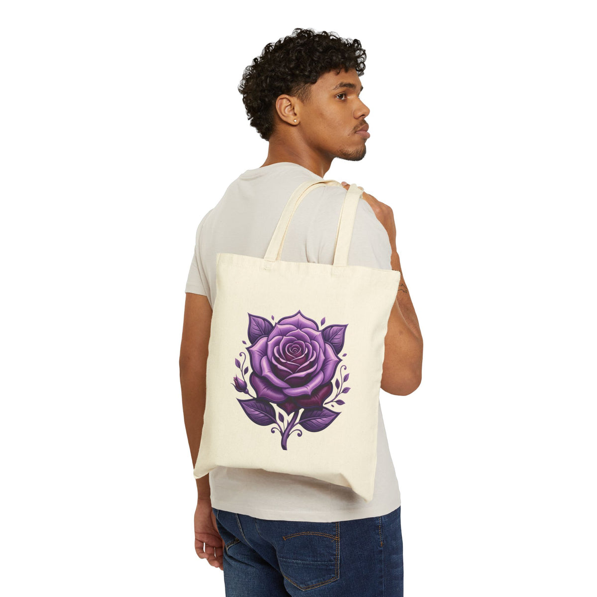 Purple Rose Canvas Tote Bag — Floral Cotton Market Bag