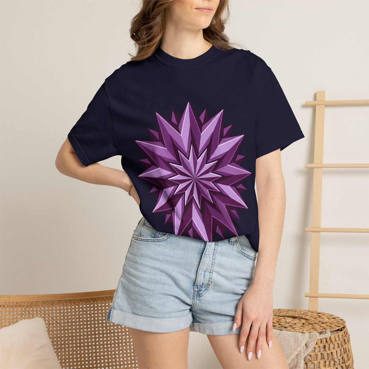 Purple Geometric Starburst T-Shirt — Bold 3D Floral Graphic Tee