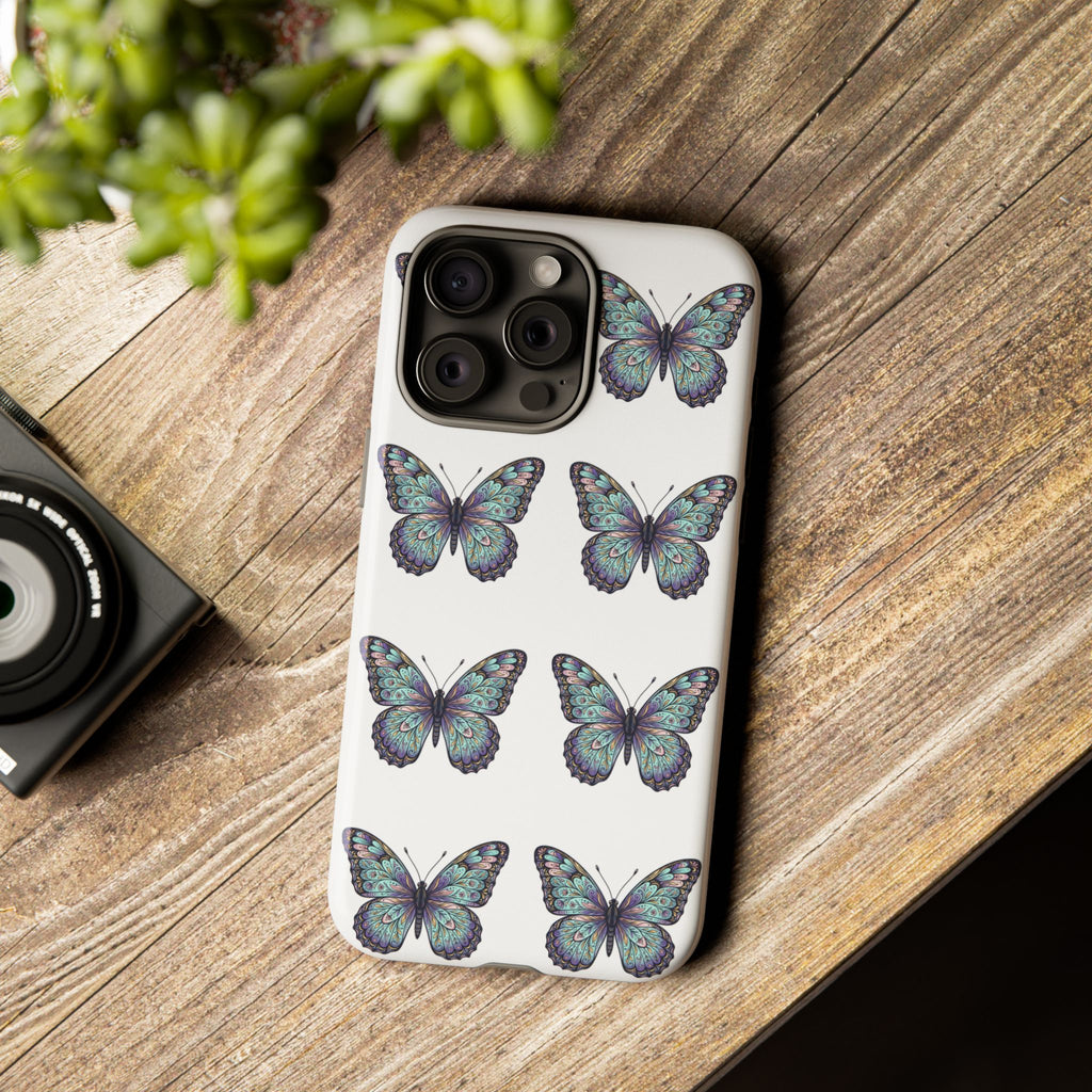Butterfly Pattern Tough Phone Case — Vintage Teal Floral Protective Cover