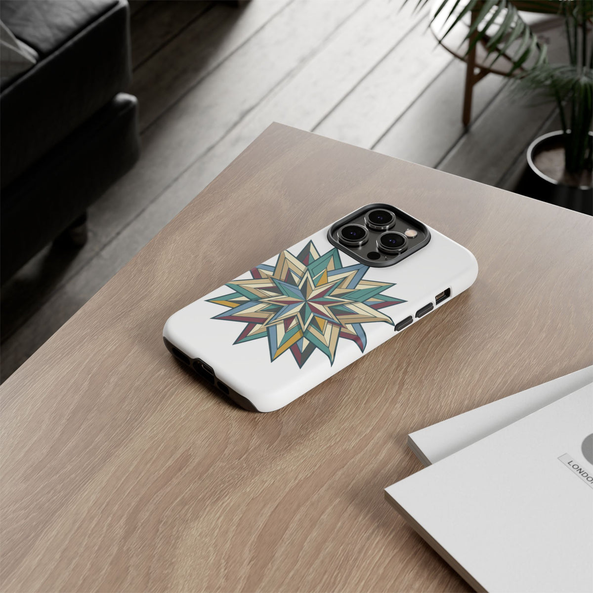 Geometric Star Phone Case — Teal & Earthtone Mandala Design