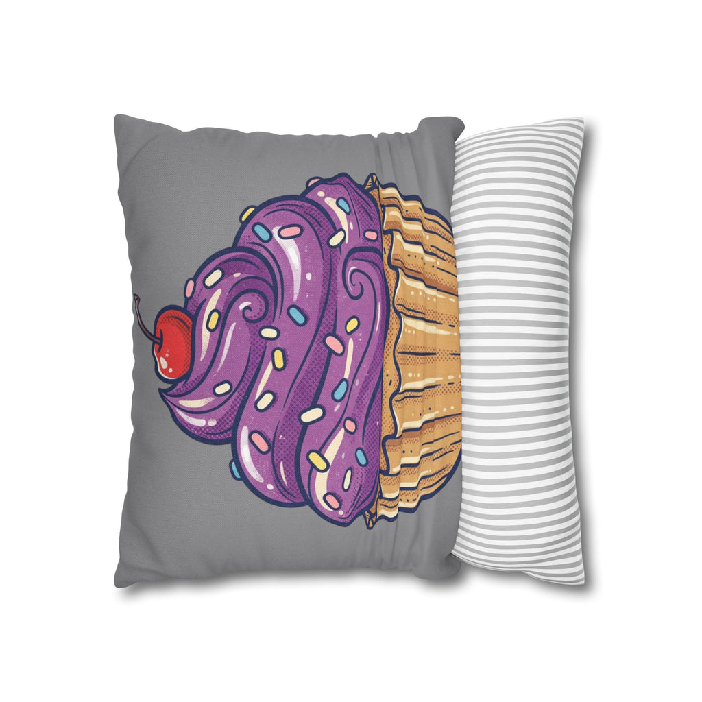 Cupcake Pillowcase — Whimsical Purple Frosting Decorative Throw Pillow- Grey