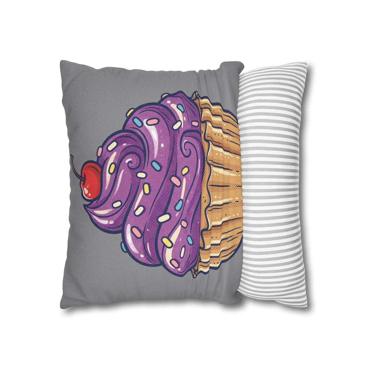 Cupcake Pillowcase — Whimsical Purple Frosting Decorative Throw Pillow- Grey