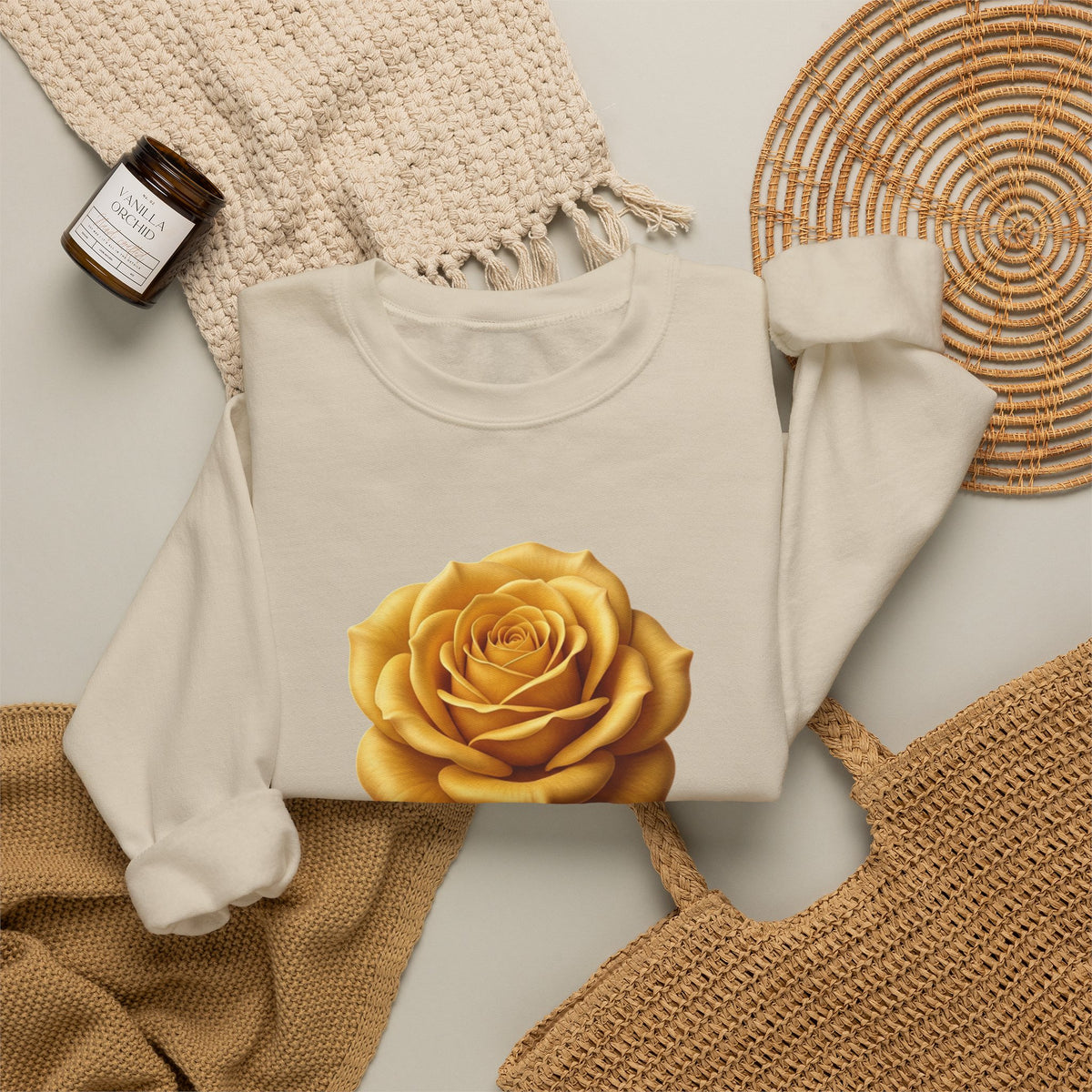 Yellow Rose Crewneck Sweatshirt — Vintage Floral Graphic