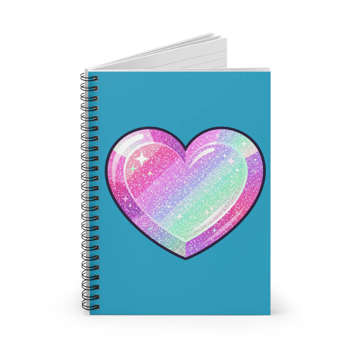 Glitter Rainbow Heart Spiral Notebook — Ruled Journal for Kids & Teens- Turquoise