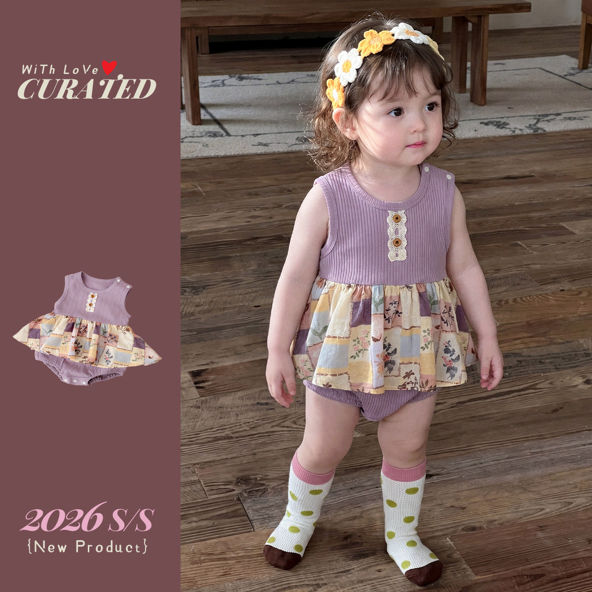 Striped Floral Patchwork Onesie, Newborn Baby Outfit for Outdoor Wear