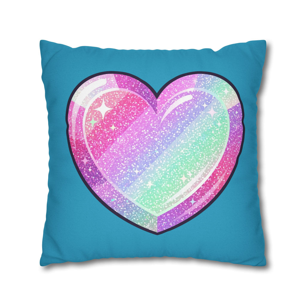 Pastel Glitter Heart Pillowcase Spun Polyester Square Pillowcase- Turquoise