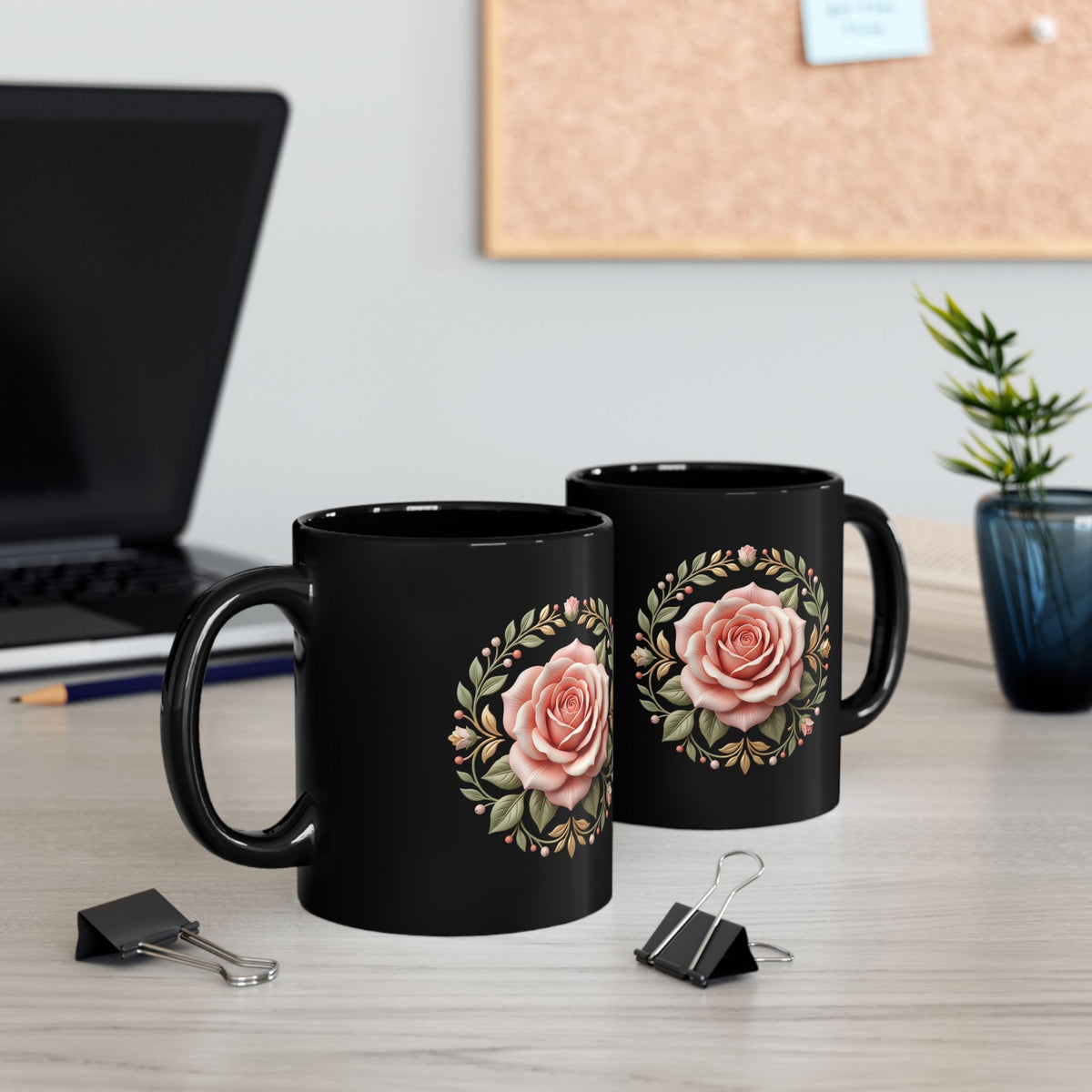 Black Rose Ceramic Mug — Elegant Pink Floral Coffee Cup (11oz & 15oz)