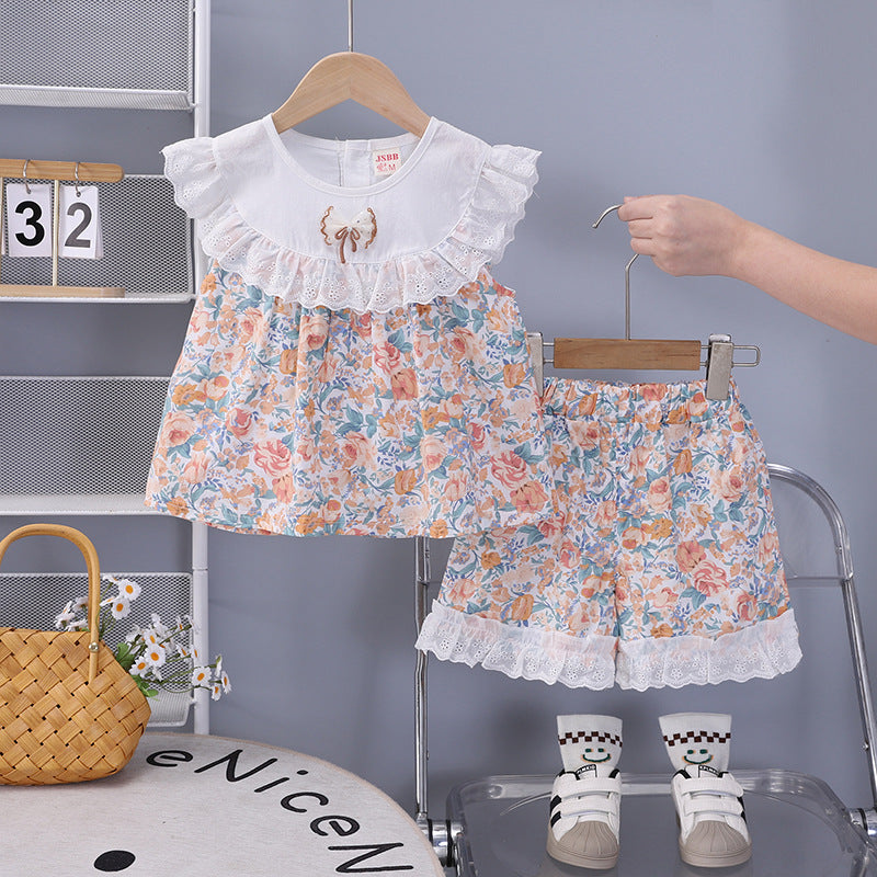 Summer clothes big flower short sleeved two-piece set