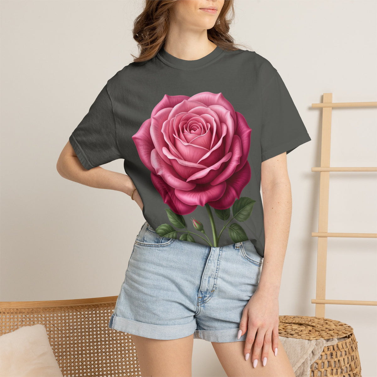 Vintage Pink Rose T-Shirt — Botanical Floral Graphic Tee