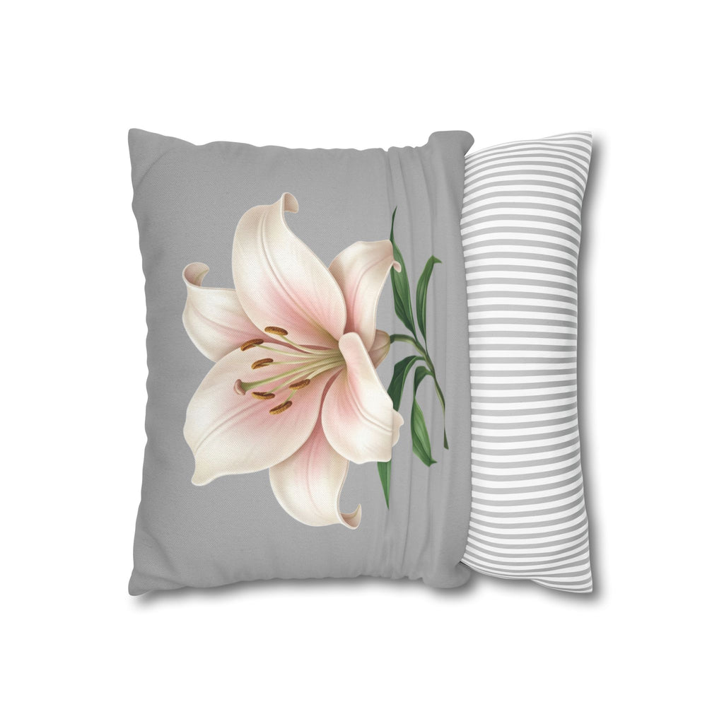 Floral Lily Throw Pillowcase — Pink Lily on Gray Decorative Cushion Cover