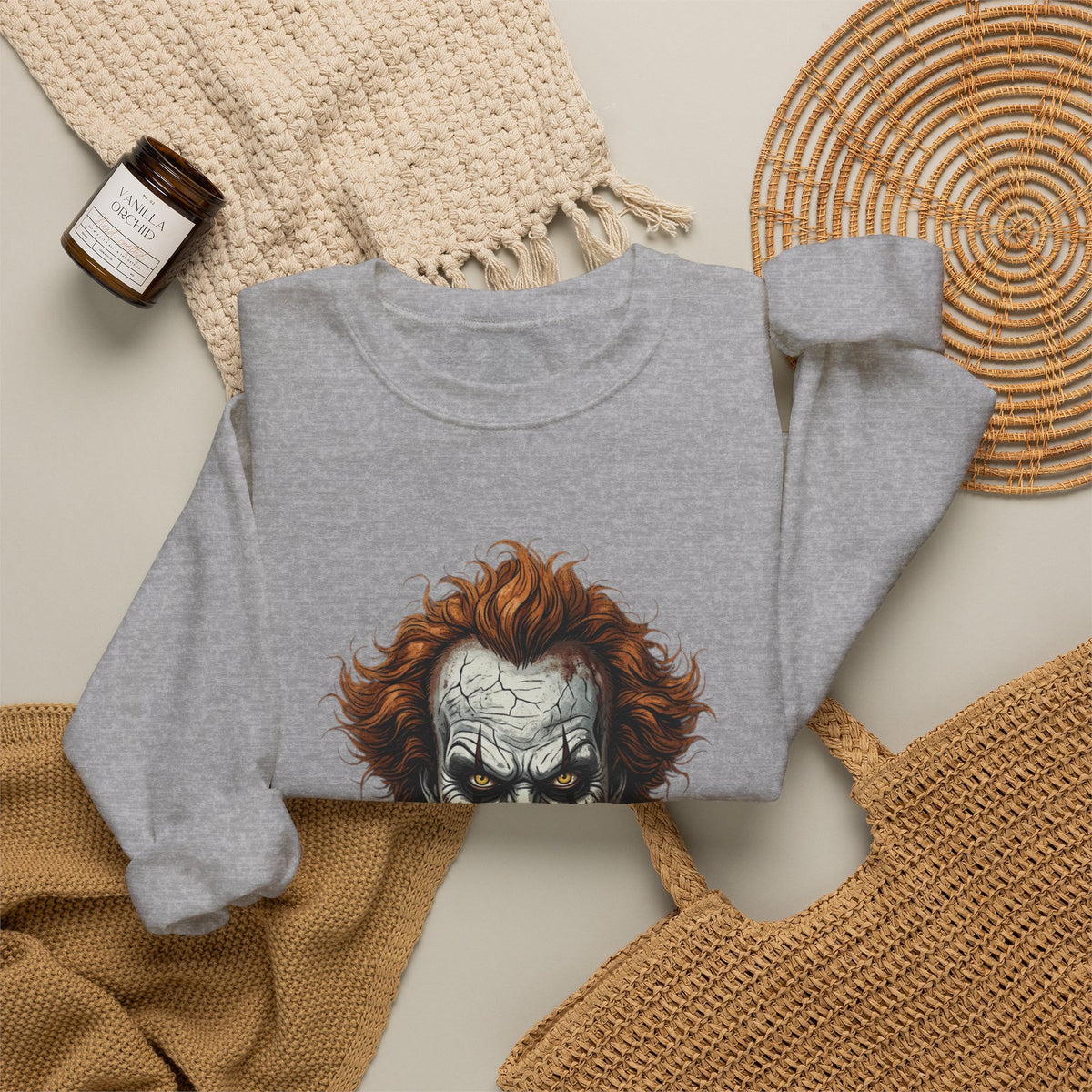 Creepy Clown Crewneck Sweatshirt – Horror Movie Inspired Graphic