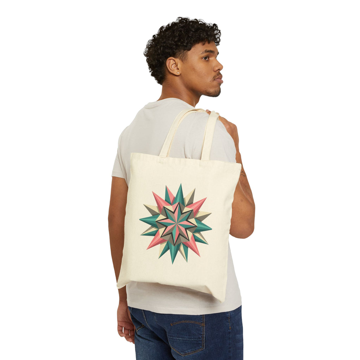 Starburst Geometric Tote Bag — Retro Pink & Teal Canvas Market Tote