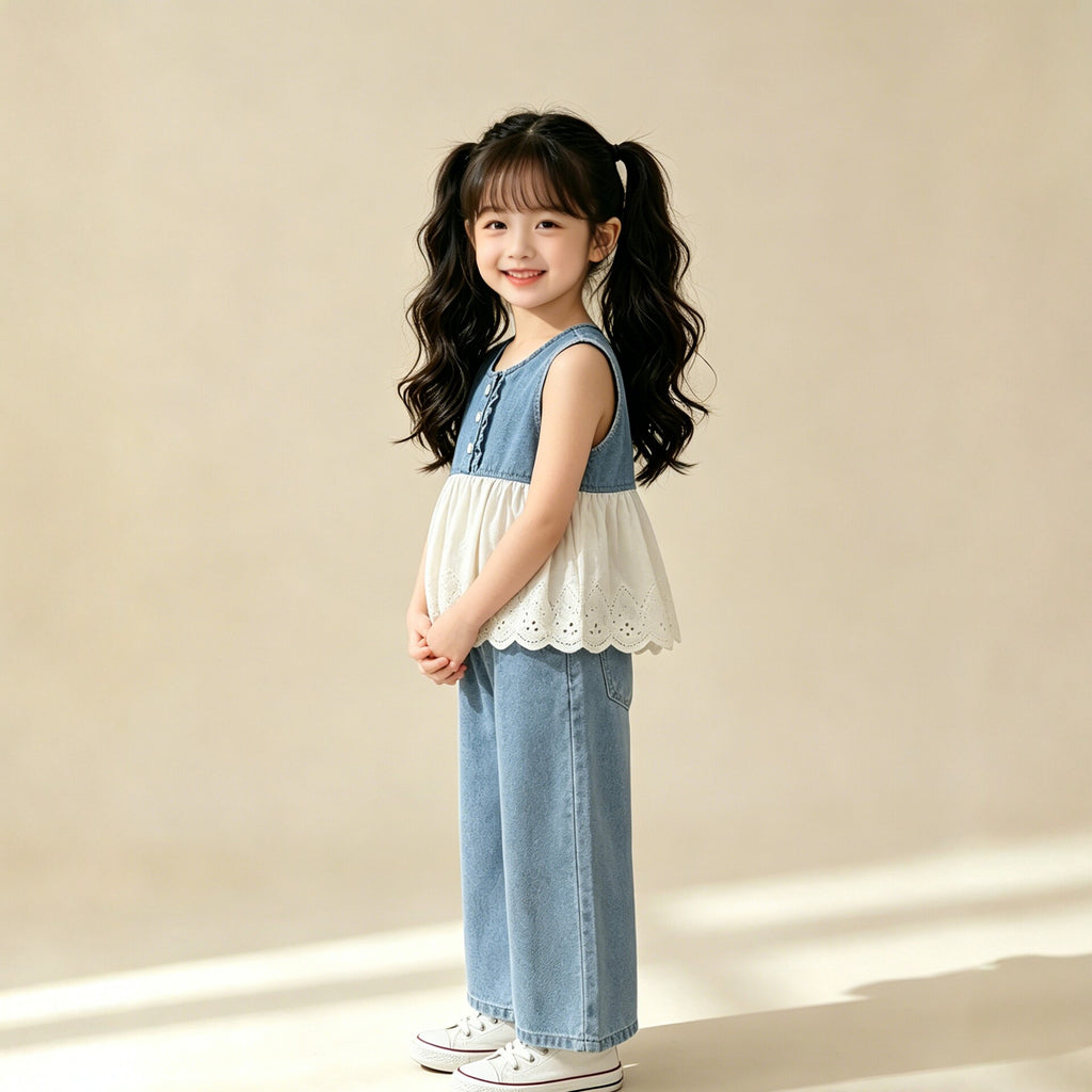 Denim Vest and Wide-Leg Pants Two-Piece Set for Girls