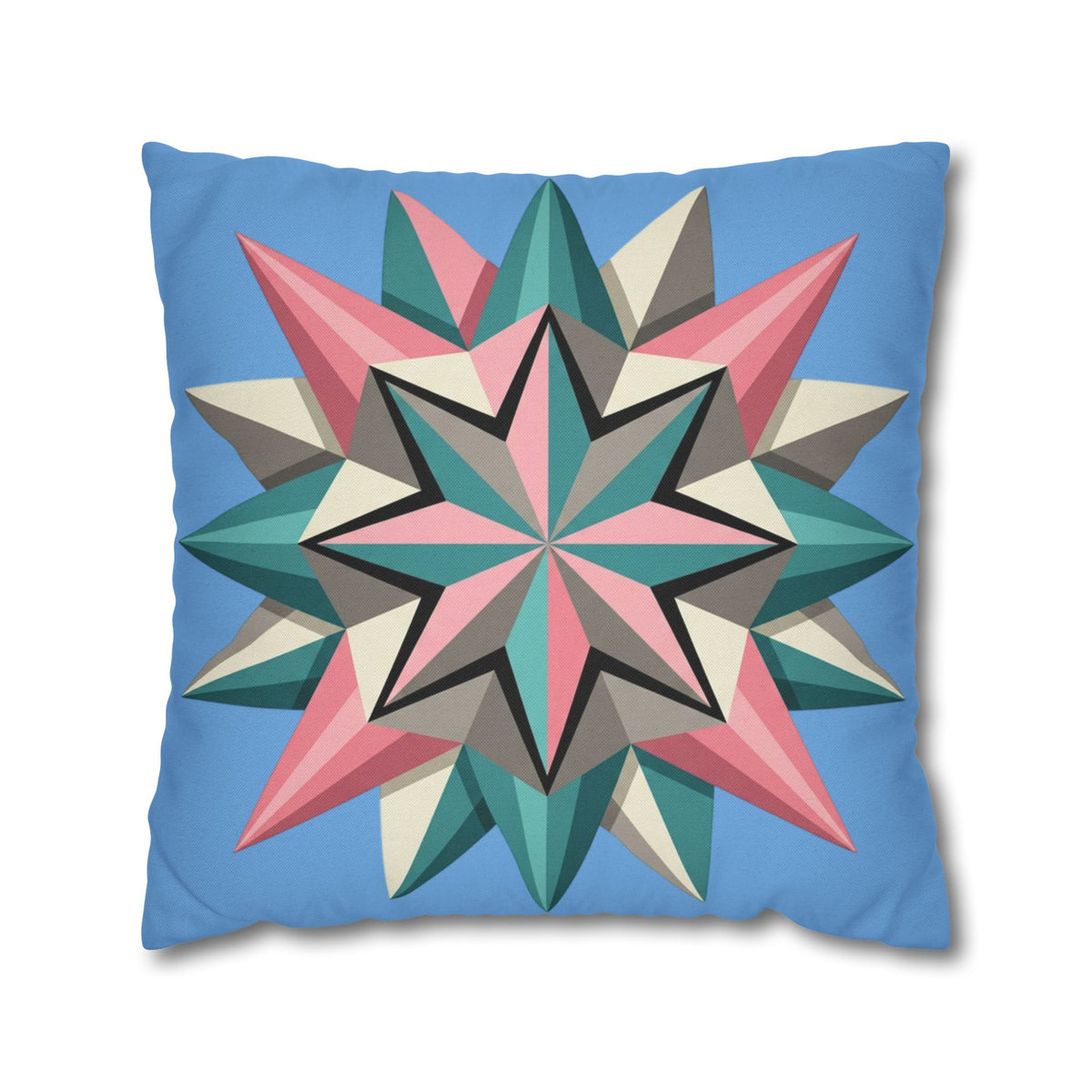 Geometric Starburst Throw Pillowcase – Pastel Compass Design on Sky Blue