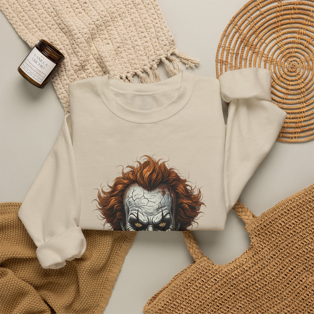 Creepy Clown Crewneck Sweatshirt – Horror Movie Inspired Graphic