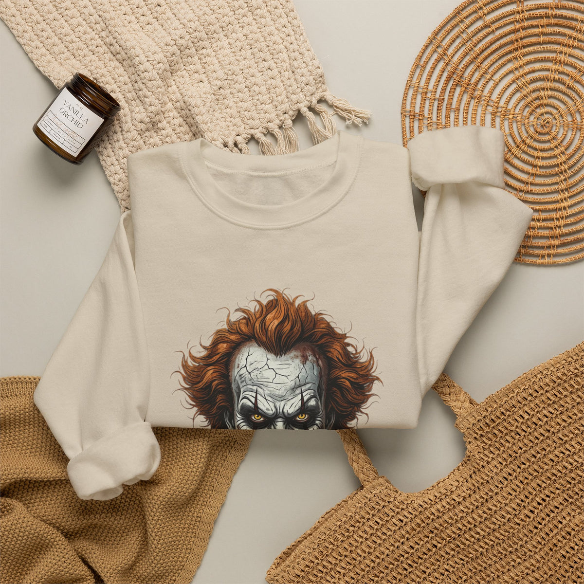 Creepy Clown Crewneck Sweatshirt – Horror Movie Inspired Graphic