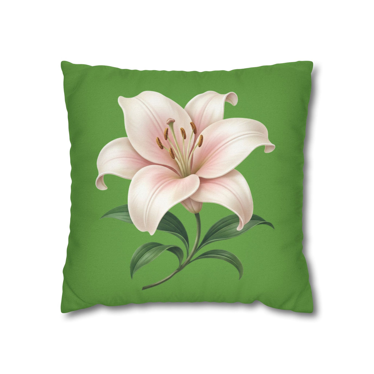 Pink Lily Floral Pillowcase — Green Square Decorative Pillow Cover