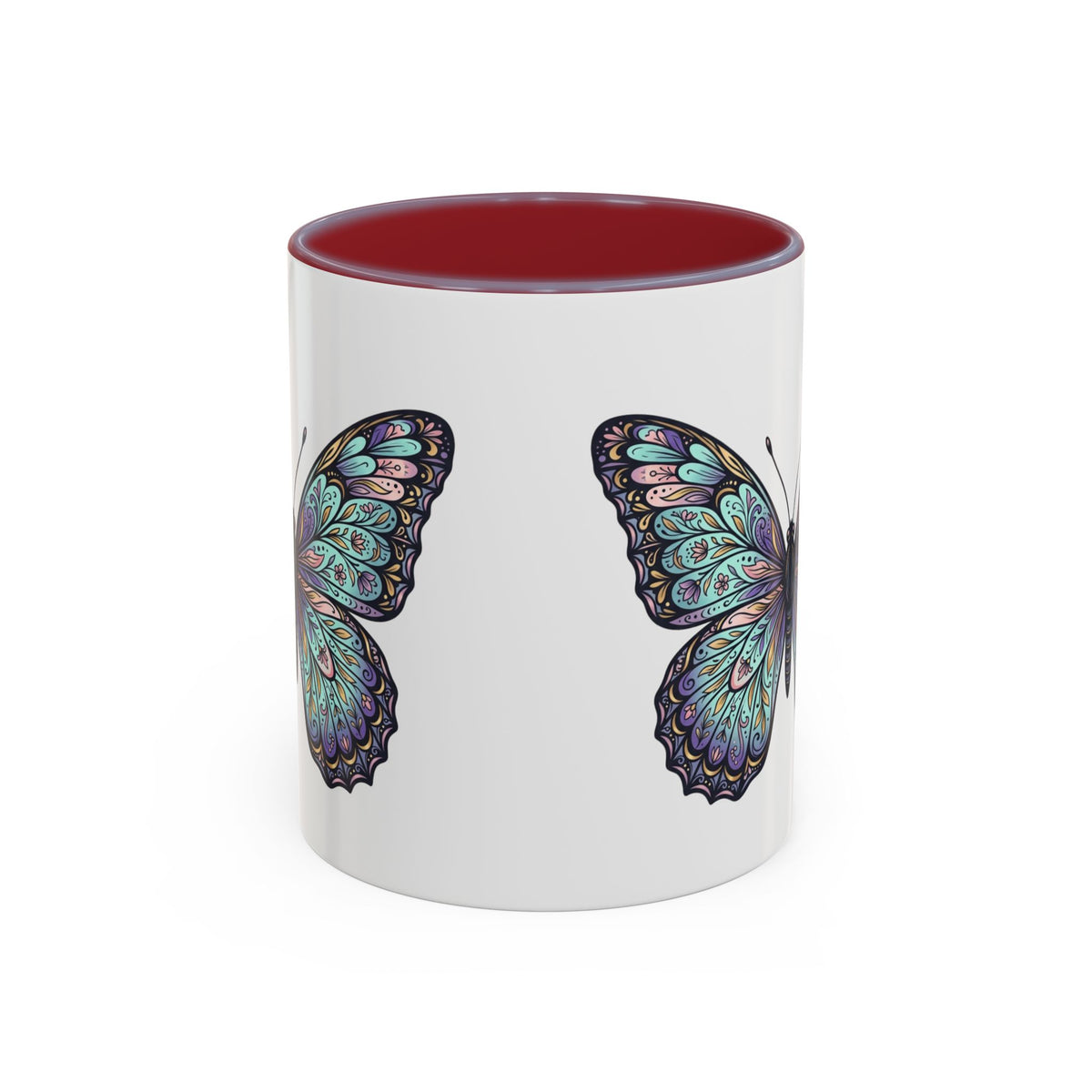 Butterfly Accent Coffee Mug — Teal Mandala Wing Design (11/15oz)