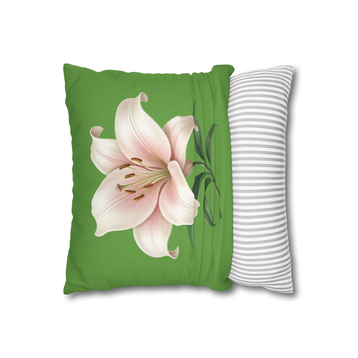 Pink Lily Floral Pillowcase — Green Square Decorative Pillow Cover