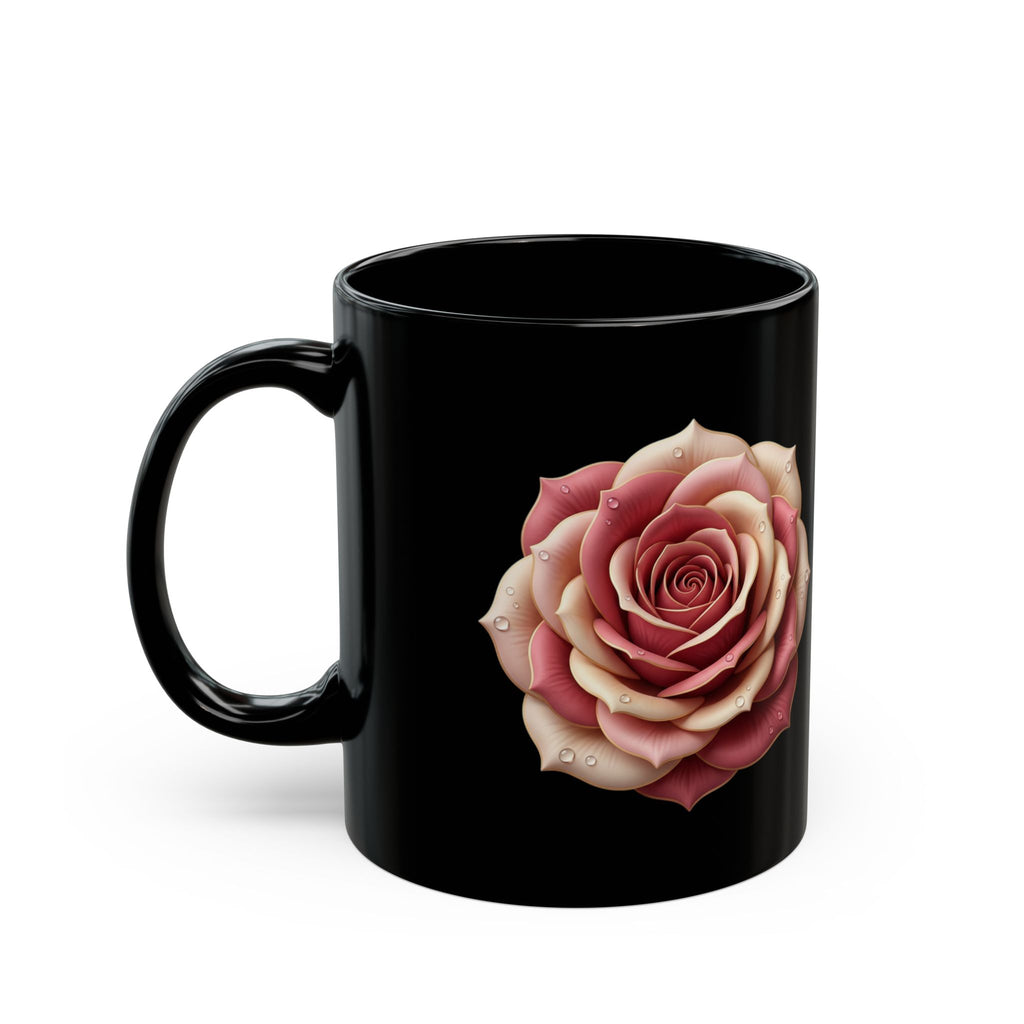 Black Rose Mug — Elegant Pink Rose on Black Ceramic (11oz & 15oz)