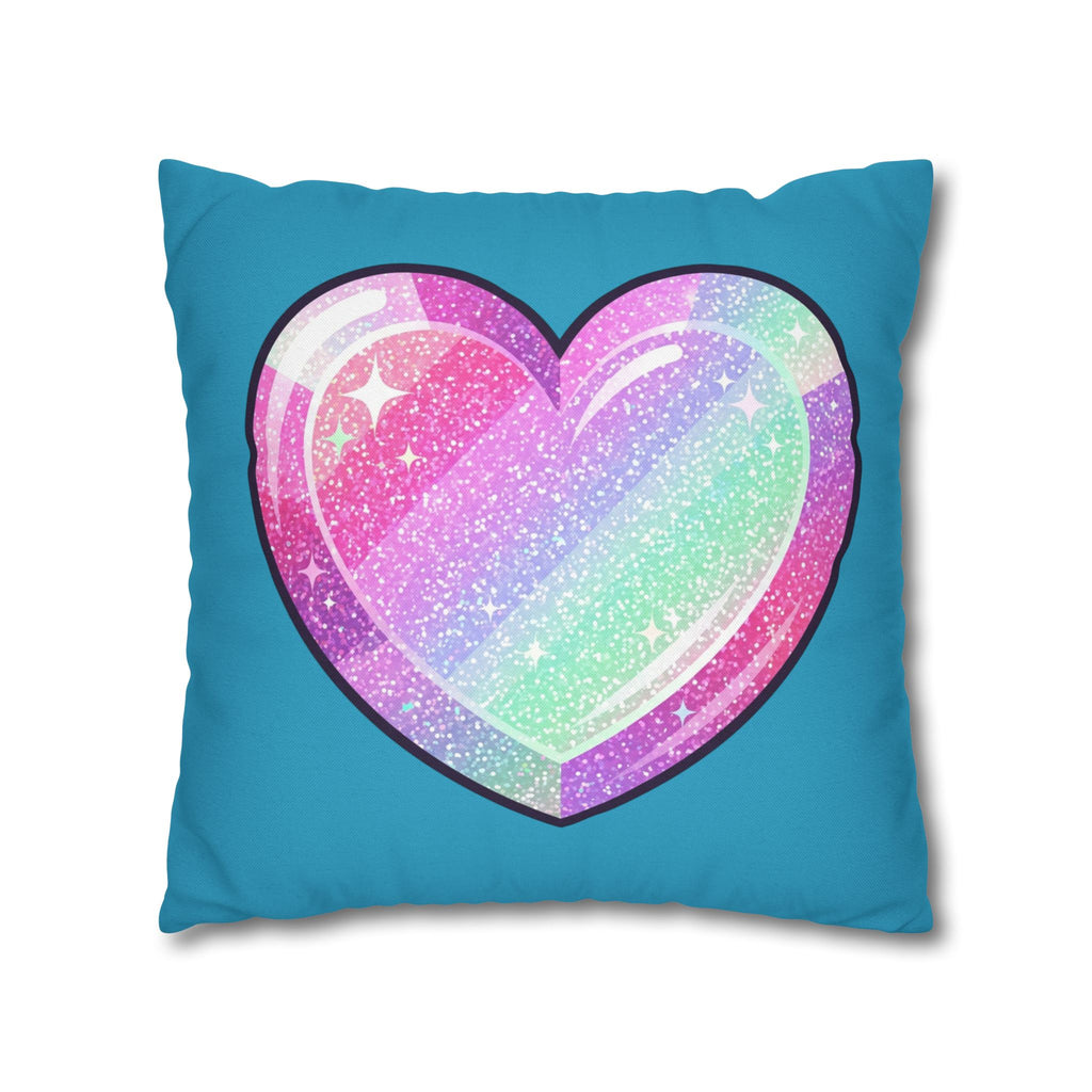 Pastel Glitter Heart Pillowcase Spun Polyester Square Pillowcase- Turquoise