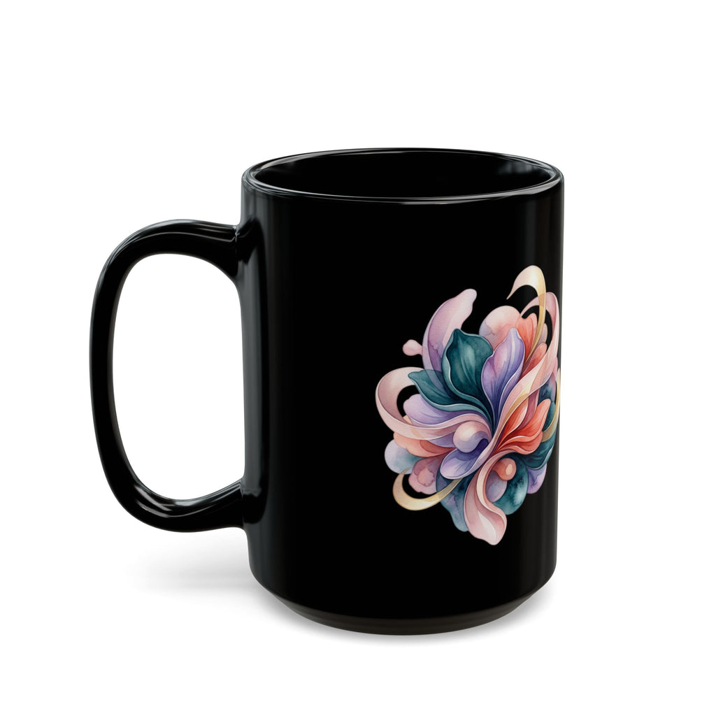 Floral Heart Black Mug — Colorful Watercolor Bouquet Coffee Cup (11oz & 15oz)