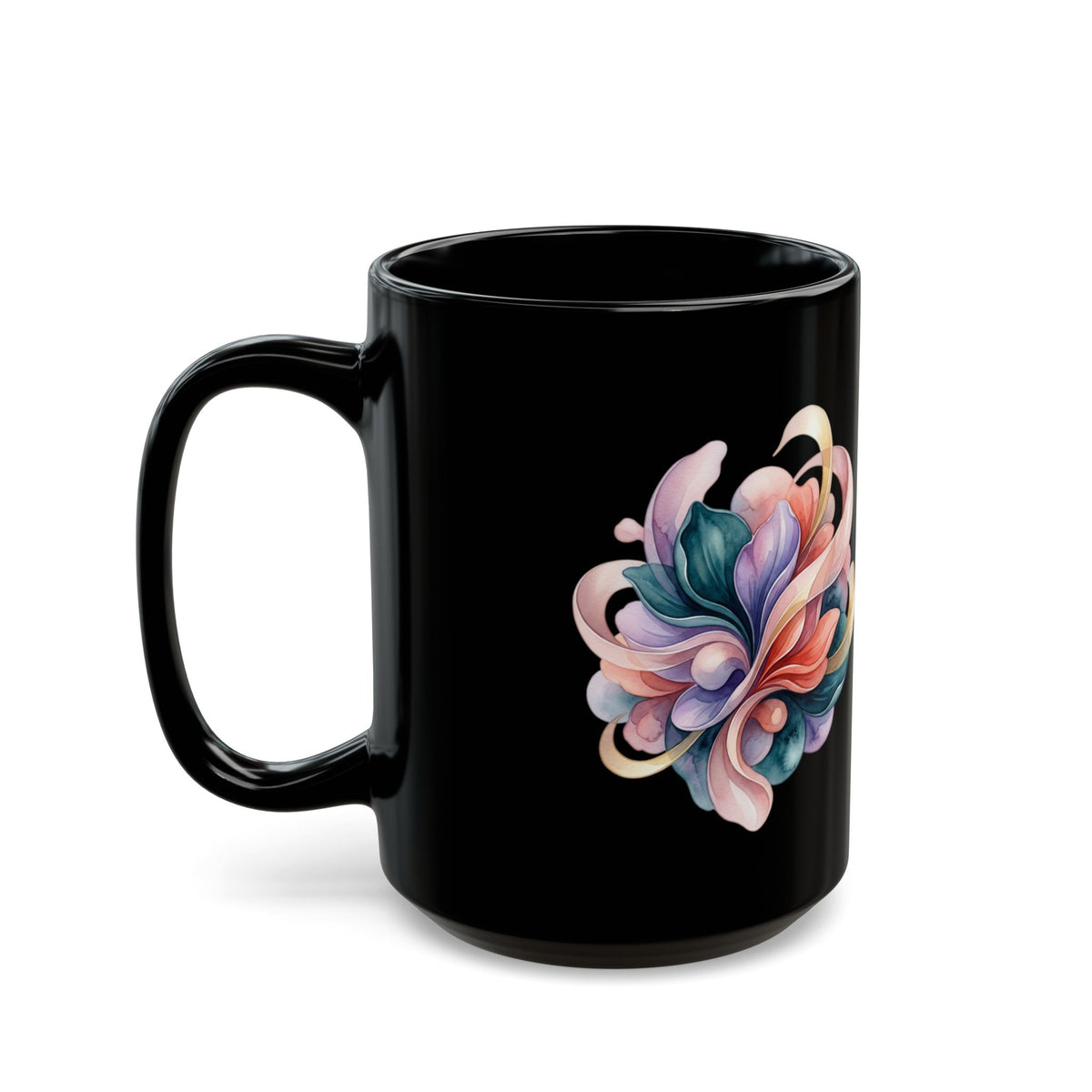 Floral Heart Black Mug — Colorful Watercolor Bouquet Coffee Cup (11oz & 15oz)
