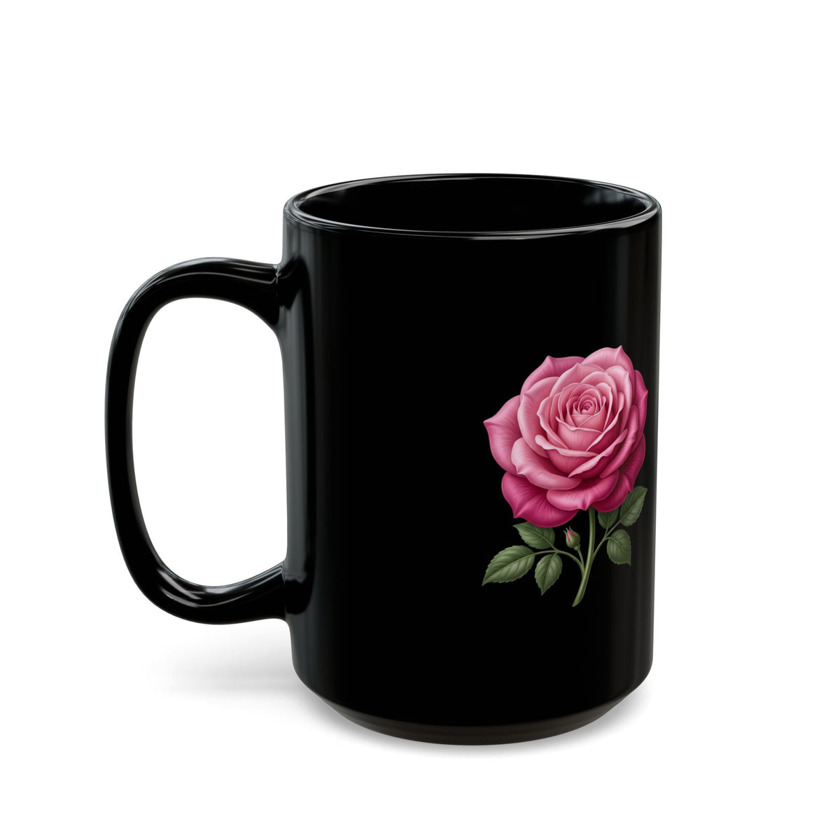 Pink Rose Black Mug — Elegant Floral Coffee Cup (11oz & 15oz)