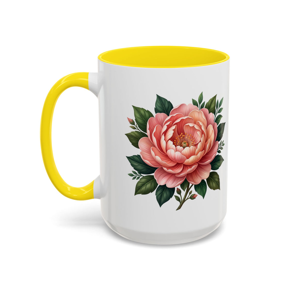 Floral Peony Accent Coffee Mug — Pink Rose Bloom Ceramic Cup