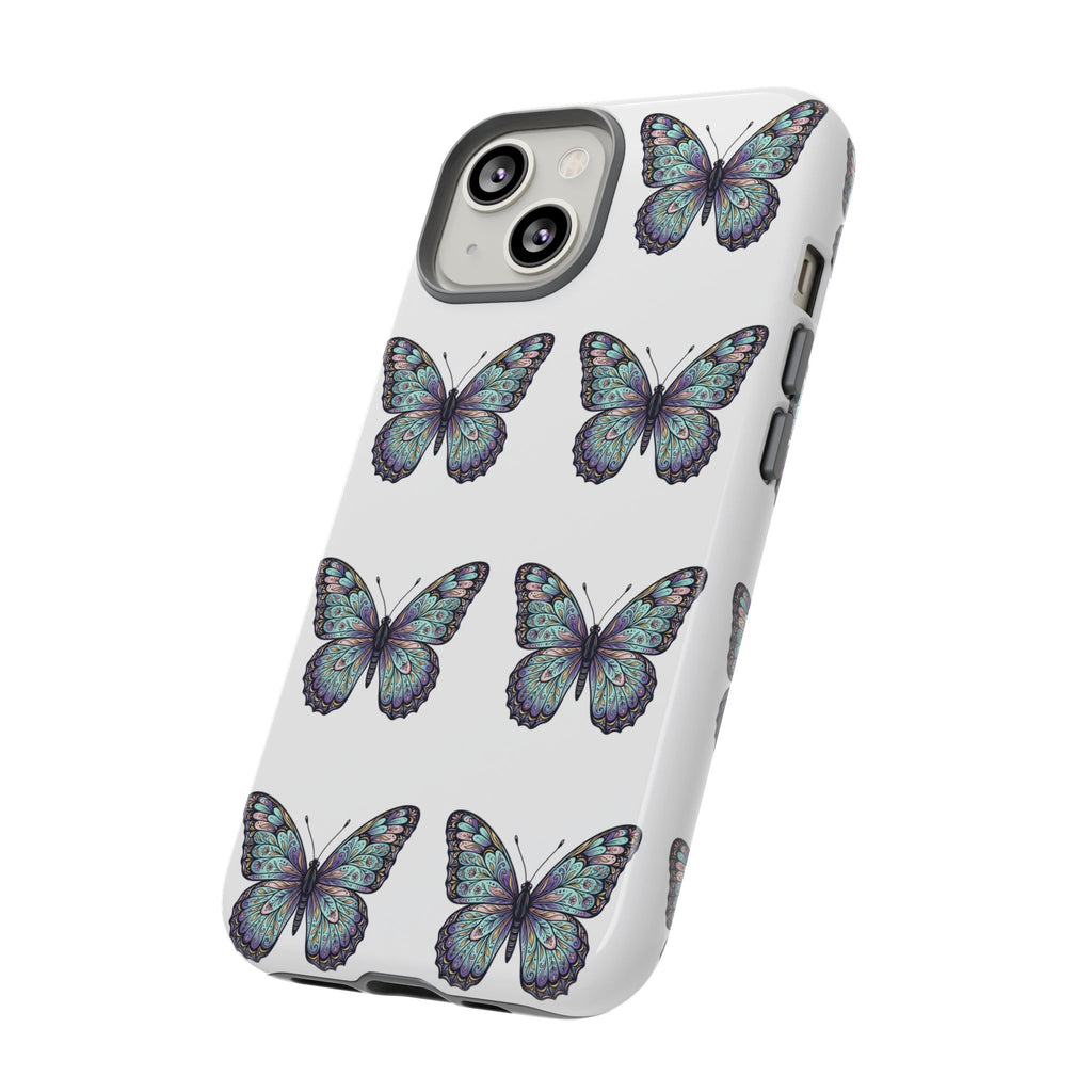 Butterfly Pattern Tough Phone Case — Vintage Teal Floral Protective Cover