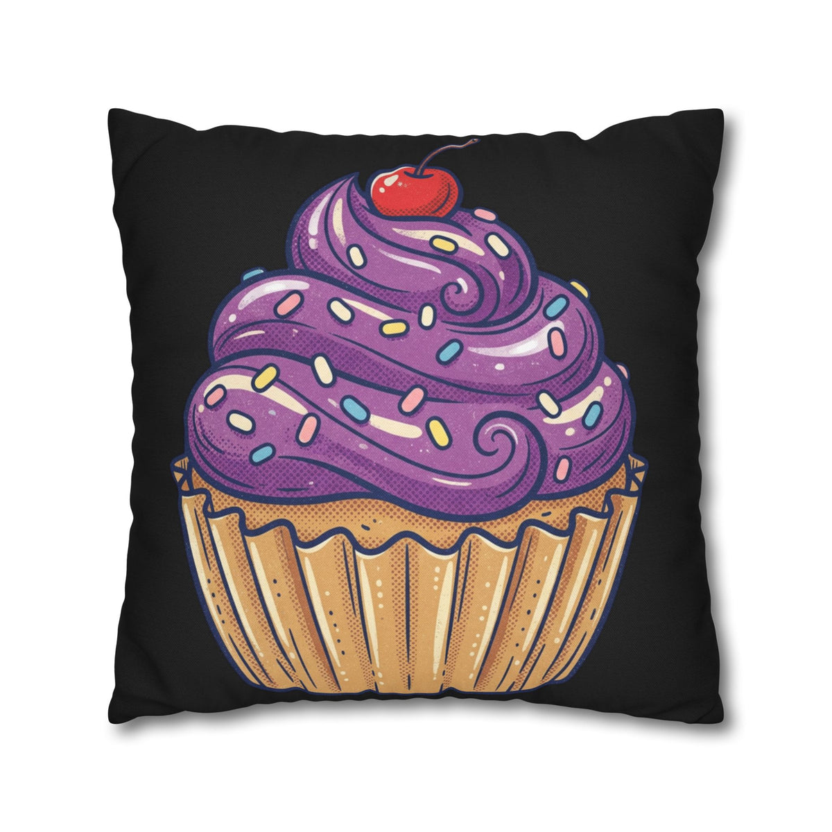 Cupcake Art Pillowcase — Purple Frosting Decorative Throw Pillowcase- Black