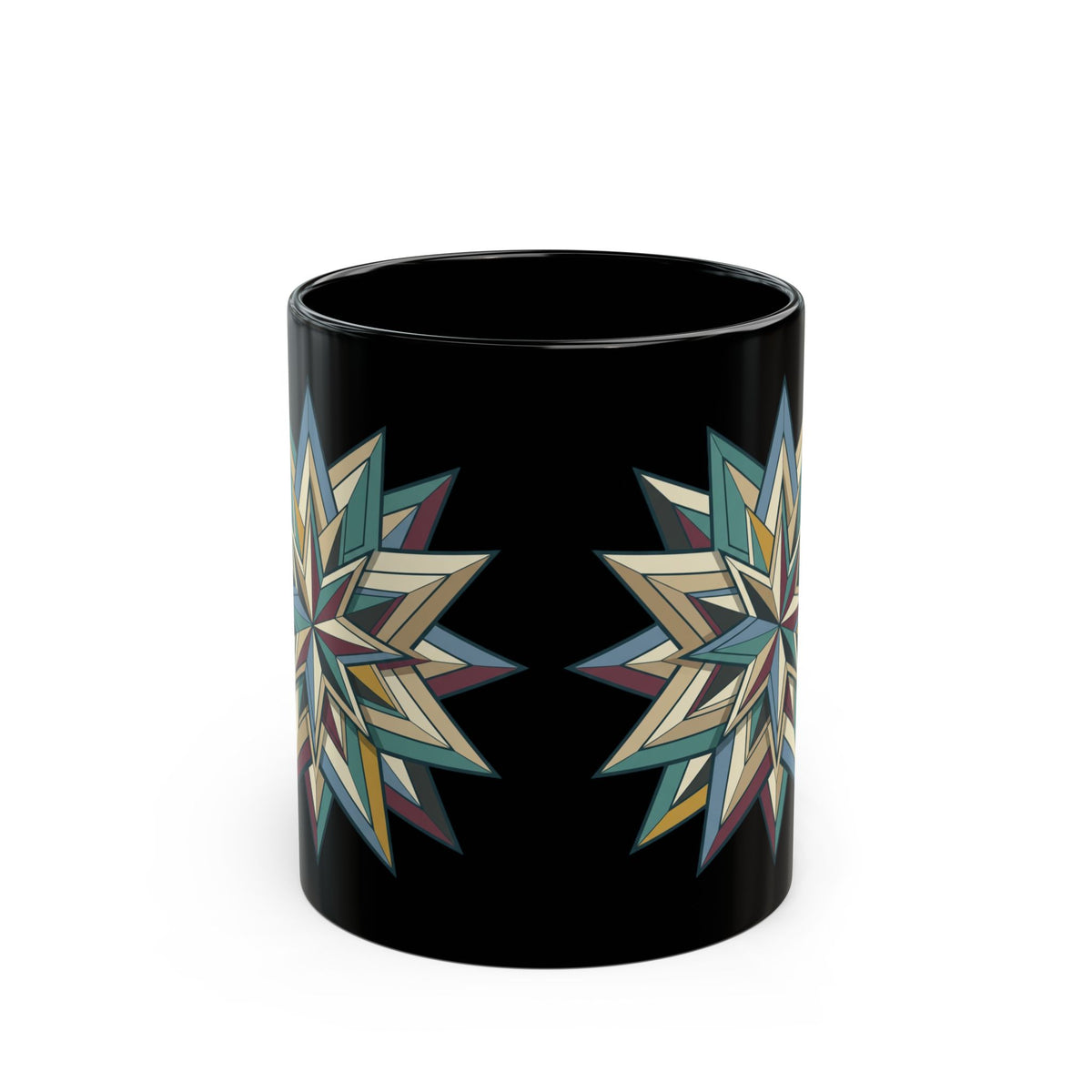 Geometric Starburst Black Ceramic Mug — 11oz & 15oz