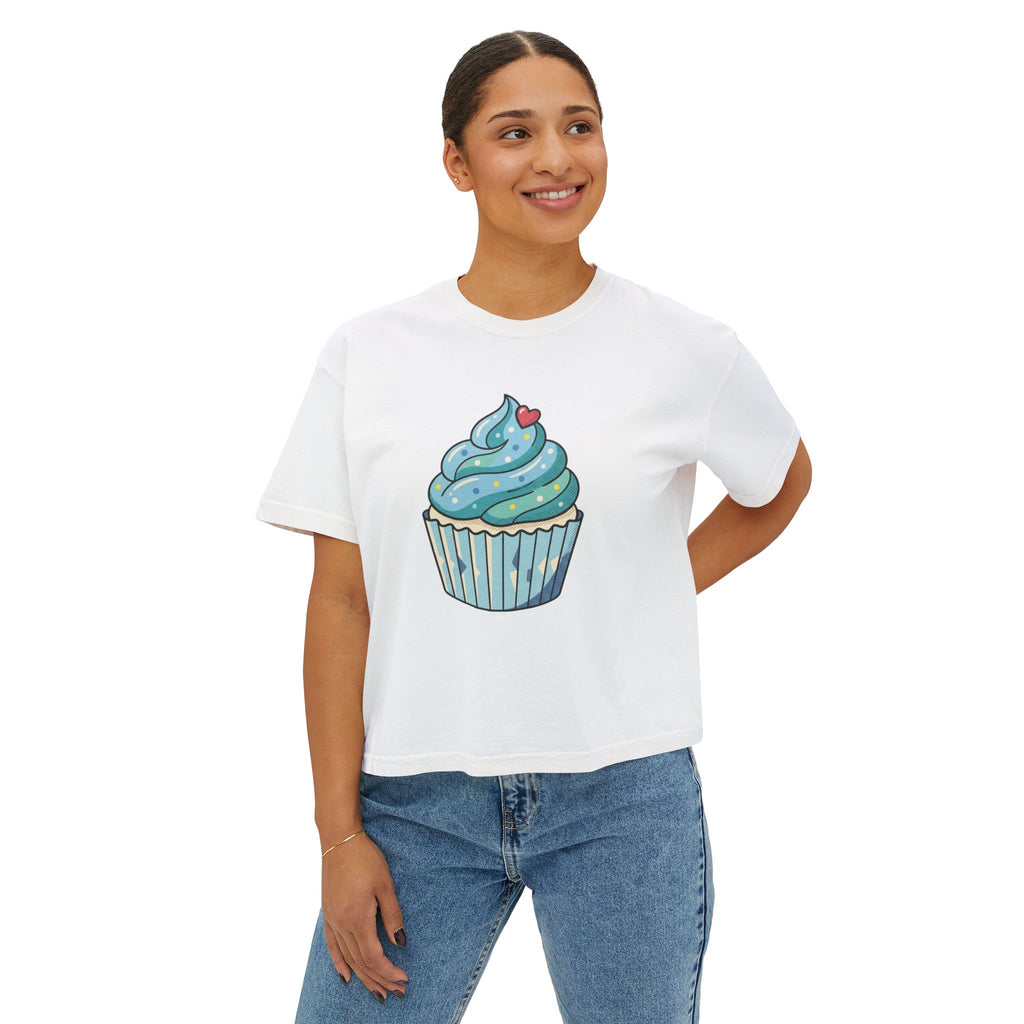 Cupcake Graphic Boxy Tee — Cute Blue Cupcake Women's Cropped T-Shirt