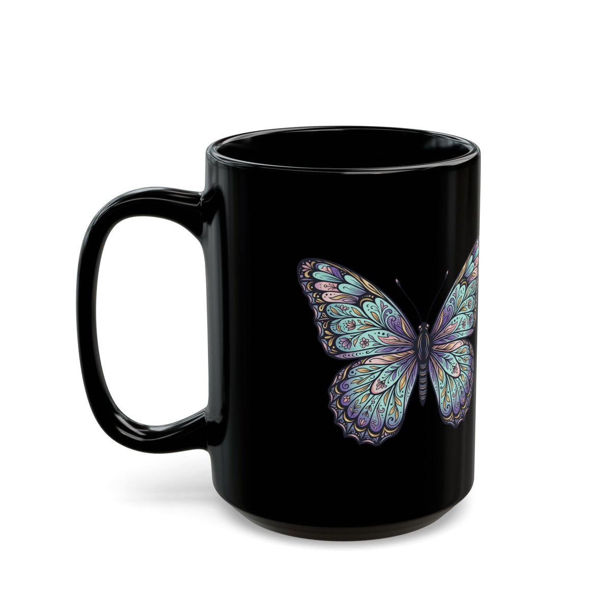 Iridescent Butterfly Black Mug — 11oz & 15oz Ceramic Coffee Cup