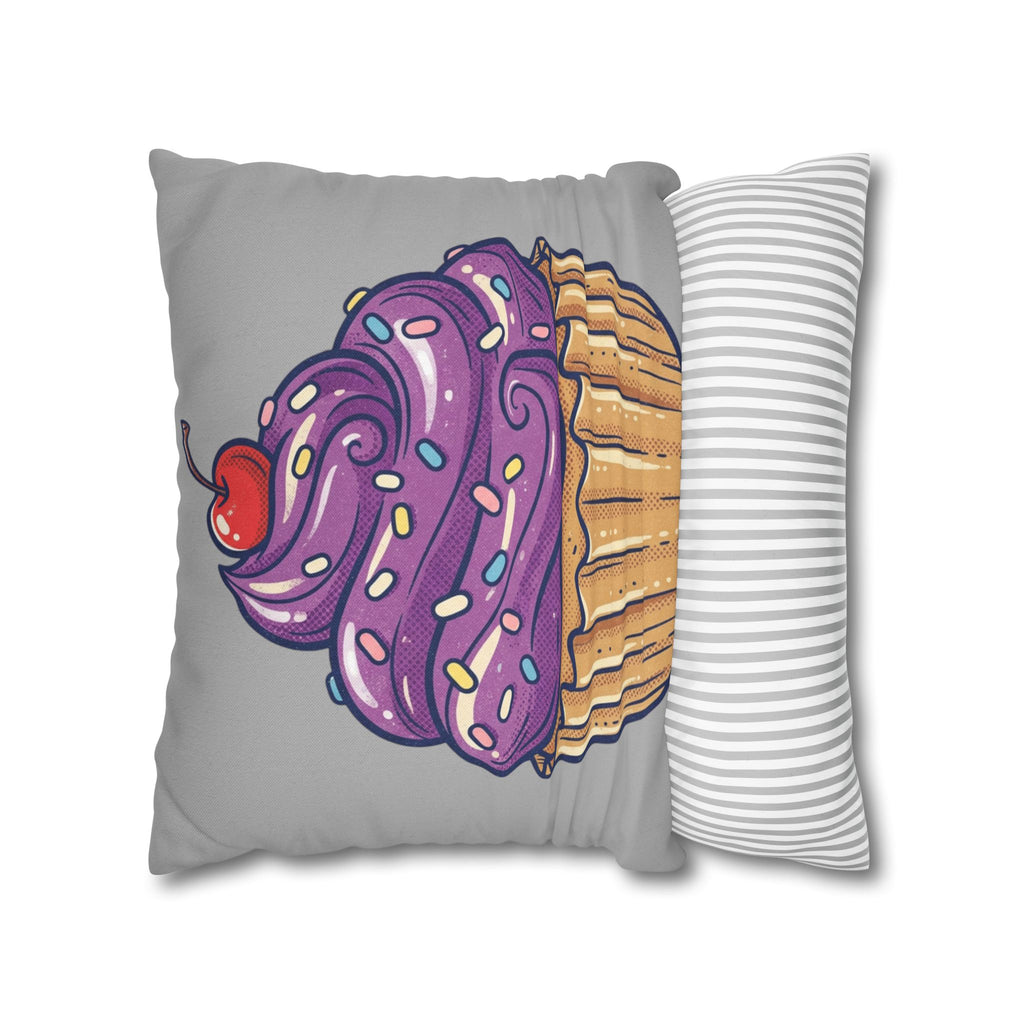 Cupcake Cushion Cover — Purple Frosting Dessert Pillowcase- Light Grey