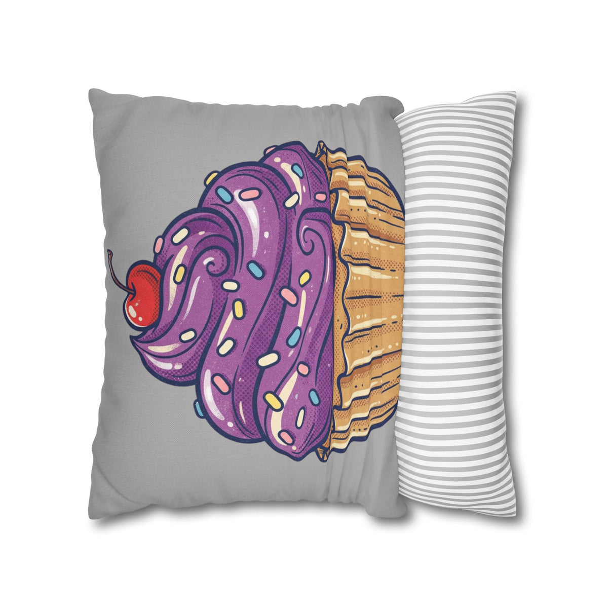 Cupcake Cushion Cover — Purple Frosting Dessert Pillowcase- Light Grey